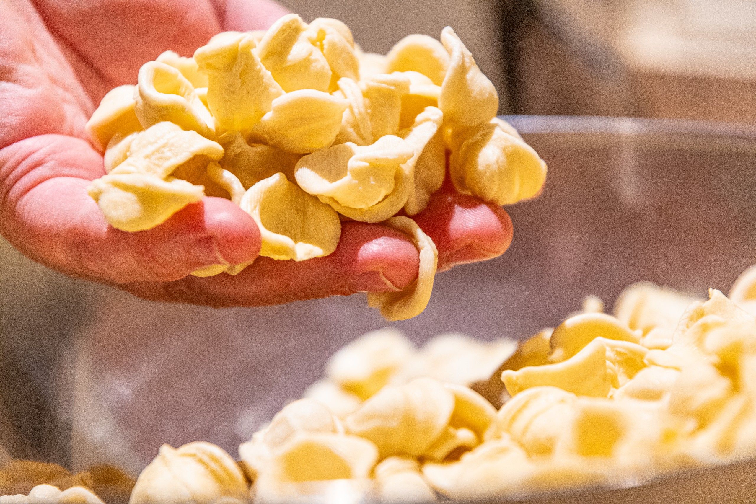 mano cuoco mentre prende le orecchiette fatte in casa del B&B Bed and Breakfast Shanti Home Restaurant a due passi dal mare a Vieste immerso nella natura nel Gargano in Puglia